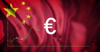 Çin bayrağı üzerinde avro para birimi işareti ve mali veri işleme animasyonu. Küresel finans, işletme, bağlantılar, hesaplama ve veri işleme kavramı, dijital olarak oluşturulmuş video.
