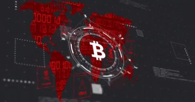 Bitcoin sembolü ve dünya haritası üzerinde finansal veri işleme animasyonu. Küresel finans, işletme, bağlantılar, hesaplama ve veri işleme kavramı, dijital olarak oluşturulmuş video.