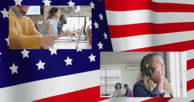 Ofisteki çeşitli iş adamları üzerinde ABD bayrağının canlandırılması. Amerikan finans, iş dünyası, bağlantılar ve çeşitlilik konsepti, dijital olarak oluşturulmuş video.