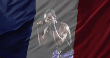 Afro-Amerikan erkek boksör üzerine Fransız bayrağı animasyonu. Vatanseverlik, spor, rekabet ve aktif yaşam tarzı konsepti, dijital olarak oluşturulmuş video.