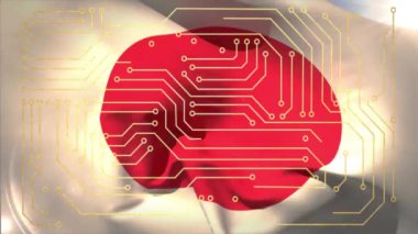 Japon bayrağının animasyonu, bilgisayar devre kartında dijital veri işleme. Küresel bağlantılar, hesaplama ve veri işleme kavramı, dijital olarak oluşturulmuş video.