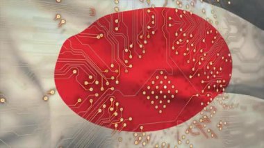 Japon bayrağının animasyonu, bilgisayar devre kartında dijital veri işleme. Küresel bağlantılar, hesaplama ve veri işleme kavramı, dijital olarak oluşturulmuş video.