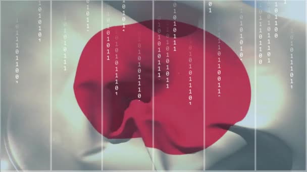 デジタルデータ処理とバイナリコーディングに関する日本の国旗のアニメーション グローバルな接続 コンピューティング データ処理のコンセプト デジタル生成されたビデオ — ストック動画