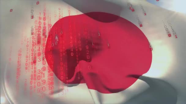 Animación Bandera Japón Sobre Procesamiento Datos Digitales Codificación Binaria Conexiones — Vídeos de Stock