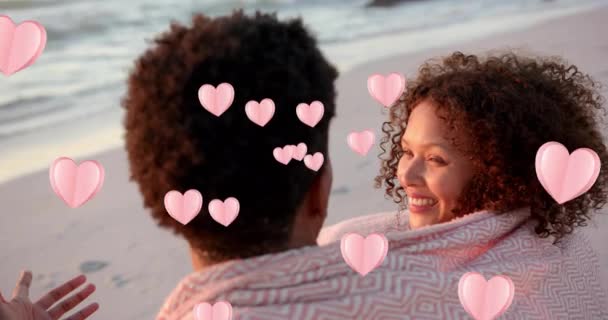 Animation Hearts Moving Diverse Couple Love Embracing Beach Summer Love — Stock Video