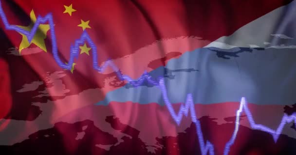 Animáció Pénzügyi Adatok Feldolgozása Felett Zászlók Kína Oroszország Globális Pénzügyi — Stock videók