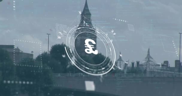 Şehir Manzarası Üzerinde Pound Işareti Finansal Veri Işleme Animasyonu Küresel — Stok video