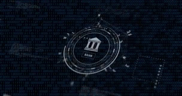 Animation Der Verarbeitung Von Bankzeichen Und Finanzdaten Auf Schwarzem Hintergrund — Stockvideo