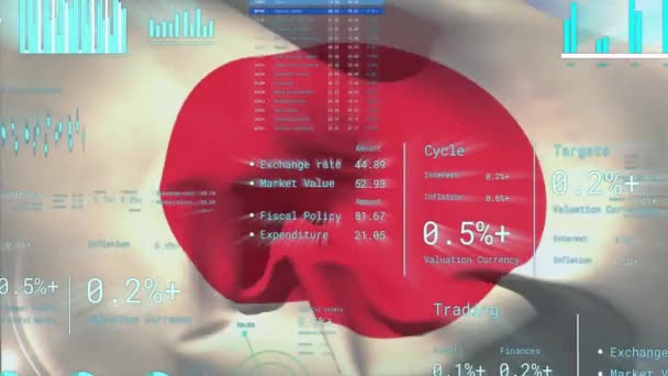 日本国旗在数字数据处理中的动画化 全球连接 计算和数据处理概念 数字生成的视频 — 图库视频影像