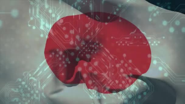 日本の旗のアニメーション コンピュータ回路基板上のデジタルデータ処理 グローバルな接続 コンピューティング データ処理のコンセプト デジタル生成されたビデオ — ストック動画