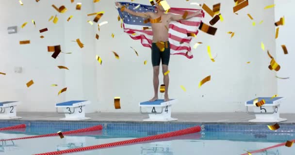 アメリカ合衆国の国旗を掲げている男性の水泳選手の上の菓子のアニメーション 愛国心 スポーツ アクティブライフスタイルのコンセプト デジタル生成されたビデオ — ストック動画