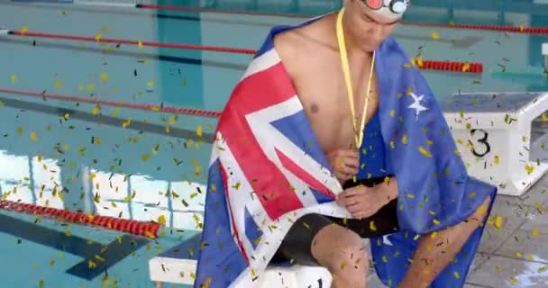 オーストラリアの国旗を掲げるメダルを持つ男性の水泳選手に対するセッティーのアニメーション 愛国心 スポーツ アクティブライフスタイルのコンセプト デジタル生成されたビデオ — ストック動画