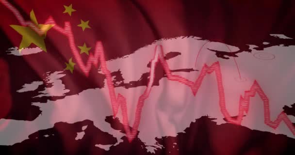 Animation Der Verarbeitung Von Finanzdaten Über Europakarte Und Flagge Chinas — Stockvideo