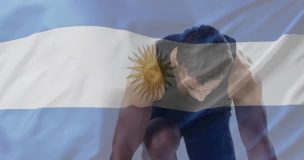 Animação Bandeira Argentina Sobre Corredor Masculino Biracial Patriotismo Esporte Competição — Vídeo de Stock