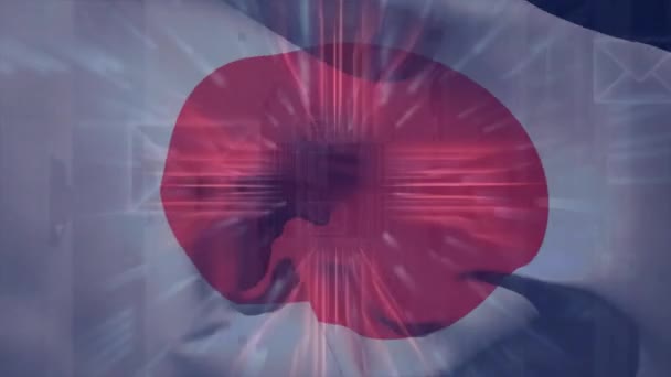 Animation Der Flagge Japans Digitale Datenverarbeitung Über Computerplatine Globale Verbindungen — Stockvideo
