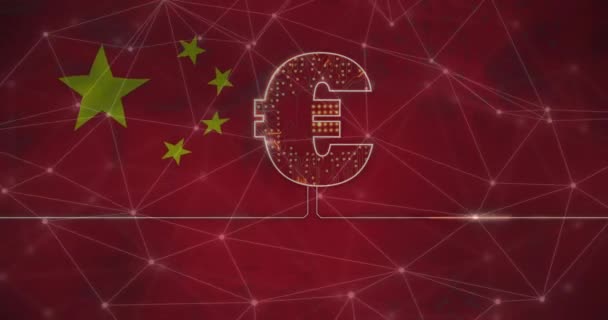 Animace Znaku Euro Měny Zpracování Finančních Údajů Nad Vlajkou Číny — Stock video