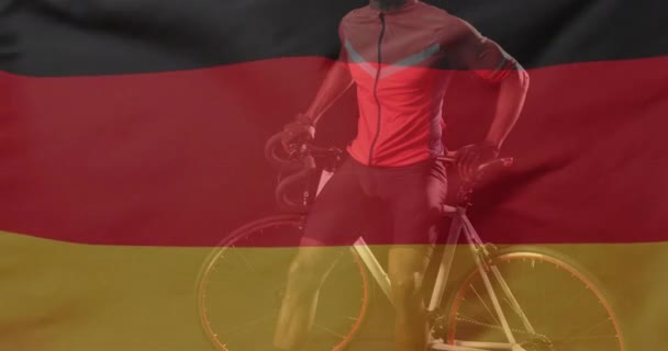 Animation Tysklands Flagga Över Afroamerikansk Manlig Cyklist Patriotism Idrott Konkurrens — Stockvideo