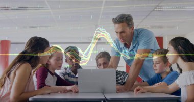 Image of graph over caucasian male teacher and class of diverse pupils using laptop. School, education, learning, finance and economy concept, digitally generated image. clipart
