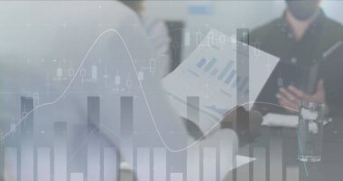 Ofiste yüz maskesi takan iş adamlarının istatistikleri. covid 19 pandemik konsept sırasında iş ve veri işleme, dijital olarak üretilen resim.