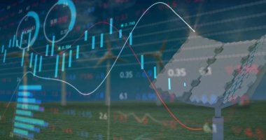 Güneş paneli üzerinden finansal veri işleme görüntüsü. Elektrik, enerji ve güç dağılımı dijital olarak oluşturulmuş görüntü.