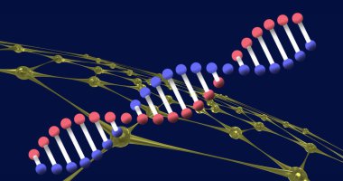 DNA yapısı ve ağ dizaynı küresel iletişim ve bilimi temsil ediyor. Dijital olarak oluşturulmuş, hareket grafikleri, geleceksel, dijital resim, bağlantı.