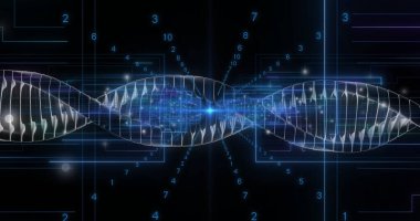 Parlak noktalarla olan bağlantıların üzerindeki DNA iplikçikleri. Küresel bilim, araştırma, bağlantılar, hesaplama ve veri işleme kavramı, dijital olarak oluşturulmuş resim.