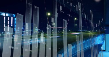 Şehir manzarası üzerinde finansal veri işleme resmi. küresel finansman, bilgisayar ve dijital arayüz kavramı, dijital olarak oluşturulmuş resim.