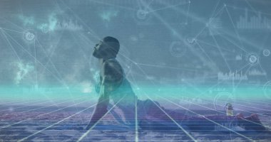 Afro-Amerikan formda bir adamın önceden hazırlık egzersizi için bağlantı ağı görüntüsü. Spor ve spor teknolojisi kavramı,