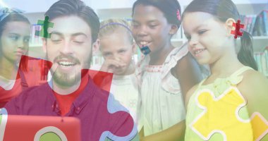 Çeşitli okul çocukları için bulmaca resmi. Otizm farkındalık ayı ve dijital arayüz kavramı, dijital olarak oluşturulmuş görüntü.