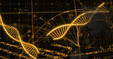 Veri işleme üzerindeki DNA iplikçiklerinin resmi. Küresel bilim, araştırma, bağlantılar, hesaplama ve veri işleme kavramı, dijital olarak oluşturulmuş resim.