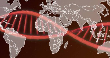 Dünya haritasının üzerindeki DNA iplikçikleri. Küresel bilim, araştırma, bağlantılar, hesaplama ve veri işleme kavramı, dijital olarak oluşturulmuş resim.