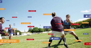 Kafkas erkek rugby oyuncularının maçtaki sosyal medya bildirimleri. Spor, takım, rekabet, sosyal ağ, dijital arayüz, internet ve iletişim, dijital olarak oluşturulmuş görüntü.