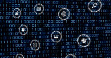 Siyah arkaplanda simgelerle ve ikili kodlamalarla bağlantı ağının resmi. Küresel ağlar, bağlantılar, hesaplama ve veri işleme kavramı, dijital olarak oluşturulmuş resim.