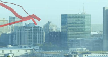 Binaların üzerinde kırmızı çizgiler ve finansal veri işleme resmi. Küresel finans, iş dünyası, bağlantılar, hesaplama ve veri işleme kavramı, dijital olarak oluşturulmuş resim.