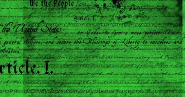 Amerika Birleşik Devletleri 'nin yeşil bir arkaplanda hareket ettiği yazılı bir anayasanın dijital görüntüsü. 4k