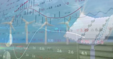 Güneş paneli üzerinden finansal veri işleme görüntüsü. Elektrik, enerji ve güç dağılımı dijital olarak oluşturulmuş görüntü.