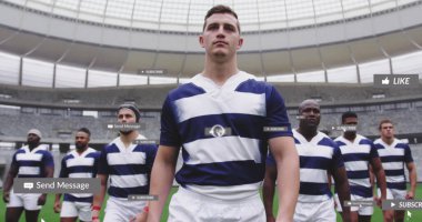 Stadyumdaki çeşitli erkek ragbi takımlarının sosyal medya bildirimleri. Spor, takım, rekabet, sosyal ağ, dijital arayüz, internet ve iletişim, dijital olarak oluşturulmuş görüntü.