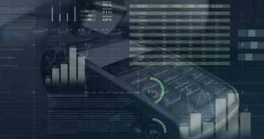 Akıllı telefon ve ödeme terminali üzerinden grafiklerin resmi. Kablosuz ödemeler, finans, ticaret ve teknoloji konsepti, dijital olarak oluşturulmuş görüntü.