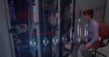 Covid-19 statistical data processing over caucasian female engineers working in computer server room. Covid-19 pandemic and business data storage technology concept,