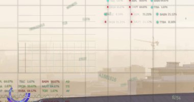 Şehir manzarası üzerinde finansal veri işleme resmi. Küresel finans, iş dünyası, bağlantılar, hesaplama ve veri işleme kavramı, dijital olarak oluşturulmuş resim.