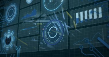 Sunucu odasında dijital arayüz ve veri işleme görüntüsü. Küresel iş, finans, veri işleme ve dijital arayüz kavramı, dijital olarak oluşturulmuş görüntü.