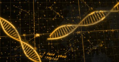 Veri işleme üzerindeki DNA iplikçiklerinin resmi. Küresel bilim, araştırma, bağlantılar, hesaplama ve veri işleme kavramı, dijital olarak oluşturulmuş resim.