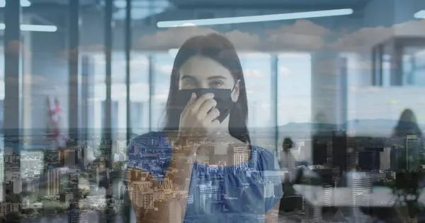 Image Cityscape Caucasian Woman Wearing Face Mask Office Global Business — Stock Photo, Image