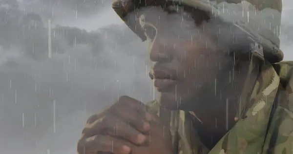 Image Clouds Rain Sad African American Male Soldier Mental Health — Stock Photo, Image