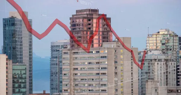 Image of red line and financial data processing over buildings. Global finance, business, connections, computing and data processing concept, digitally generated image.