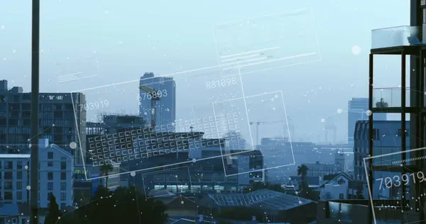 Image of financial data processing over buildings. Global finance, business, connections, computing and data processing concept, digitally generated image.