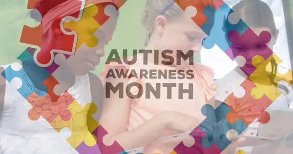 Image Autism Awareness Month Text Diverse Schoolchildren Autism Awareness Month Stock Photo