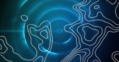 Mavi daireler üzerinde hareket eden beyaz şekillerin animasyonu. Desen, şekiller ve dijital arayüz kavramı, dijital olarak oluşturulmuş video.