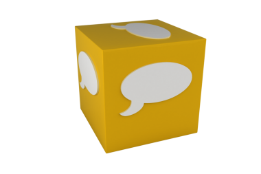 Beyaz konuşma baloncuklu küpün dijital png çizimi. İzole görüntü, iletişim, dijital arayüz ve hesaplama.