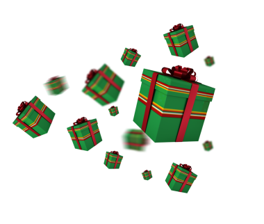 Saydam arkaplanda kırmızı kurdeleli yeşil hediyelerin dijital png çizimi. İzole edilmiş görüntü, hediyeler ve kutlamalar.